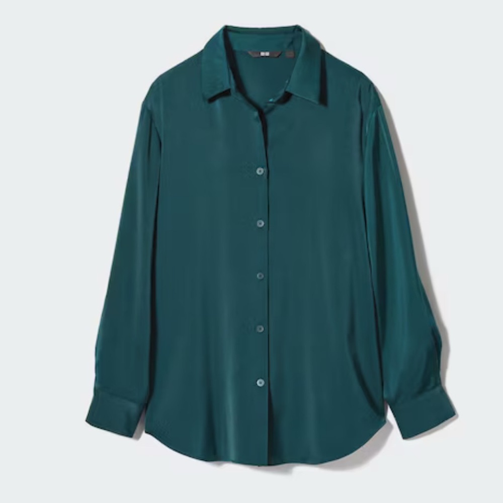 UNIQLO Dark Green Satin Long Sleeve Blouse Size M